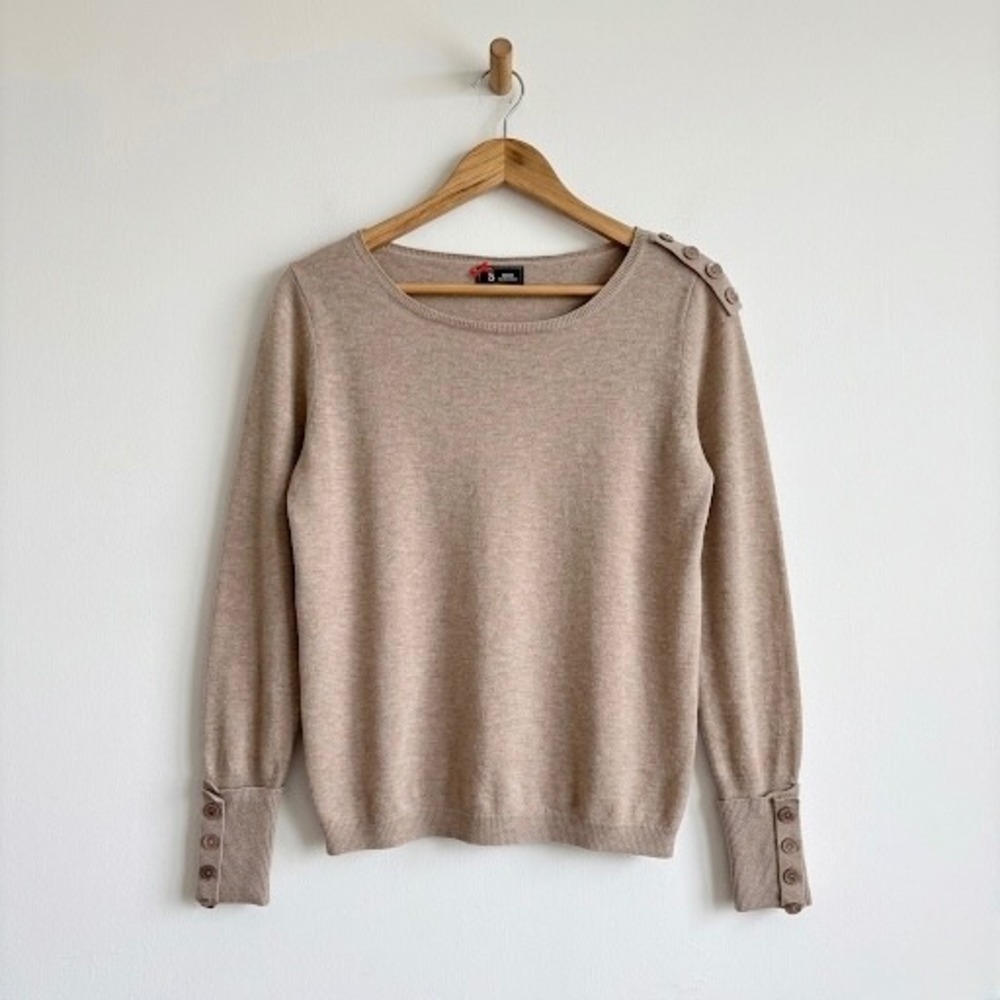 Sinequanone Paris Tan Boat Neck Sweater Button Cuffs Shoulder Minimal Quiet Luxe
